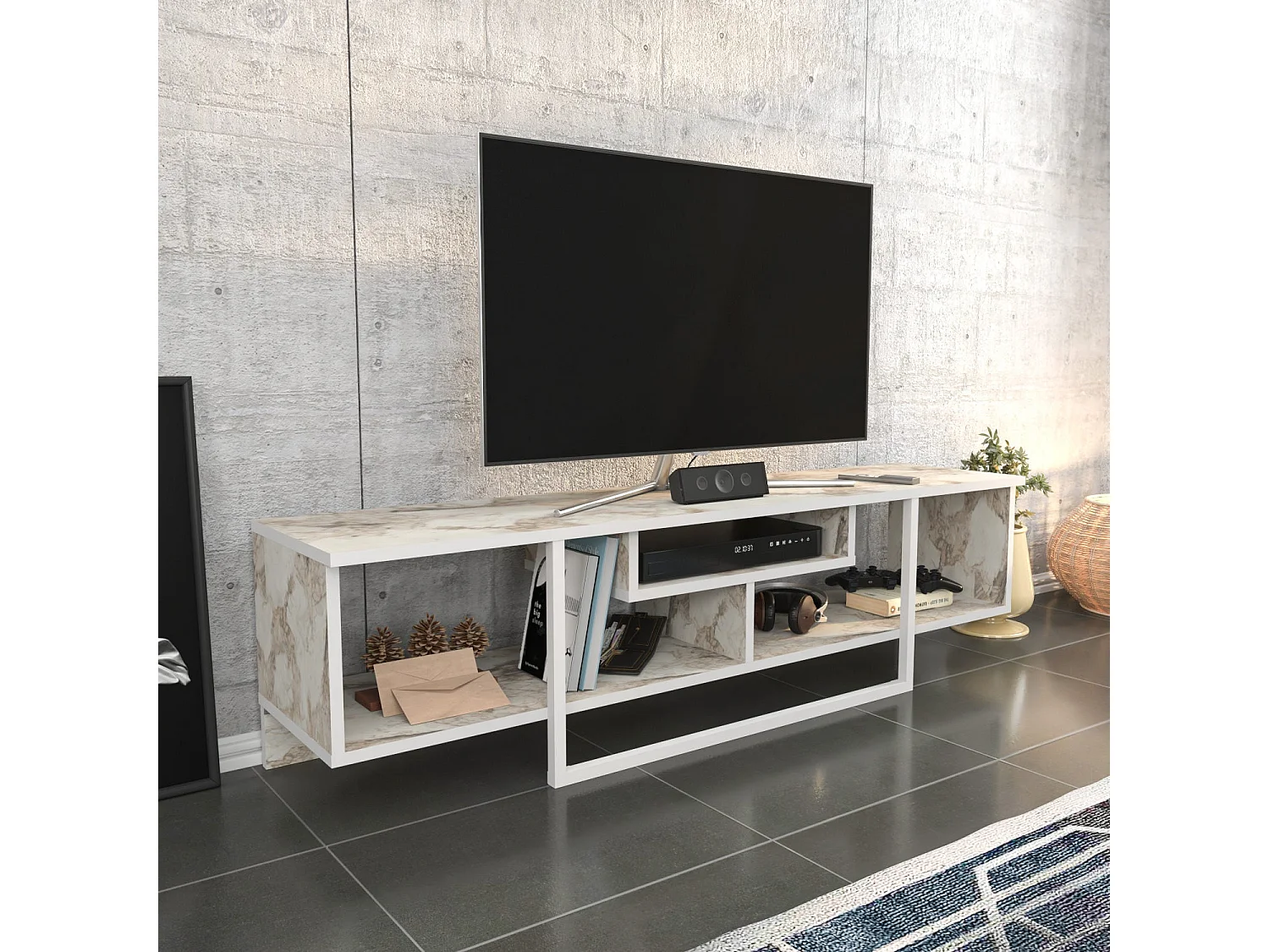 Skandinavischer TV-Ständer, weiß, 150 cm x 35,2 cm x 40 cm | 100 % melaminbeschichtete Spanplatte, 18 mm stark | Stilvoll und funktional für moderne Wohnzimmer