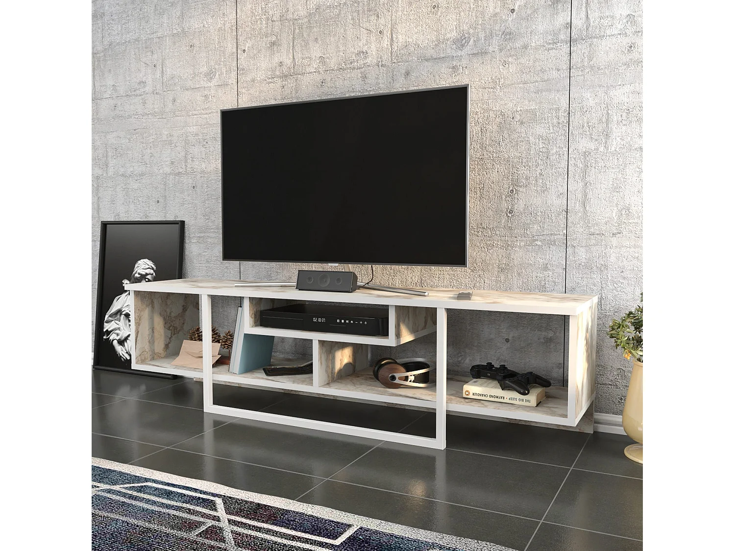 Skandinavischer TV-Ständer, weiß, 150 cm x 35,2 cm x 40 cm | 100 % melaminbeschichtete Spanplatte, 18 mm stark | Stilvoll und funktional für moderne Wohnzimmer