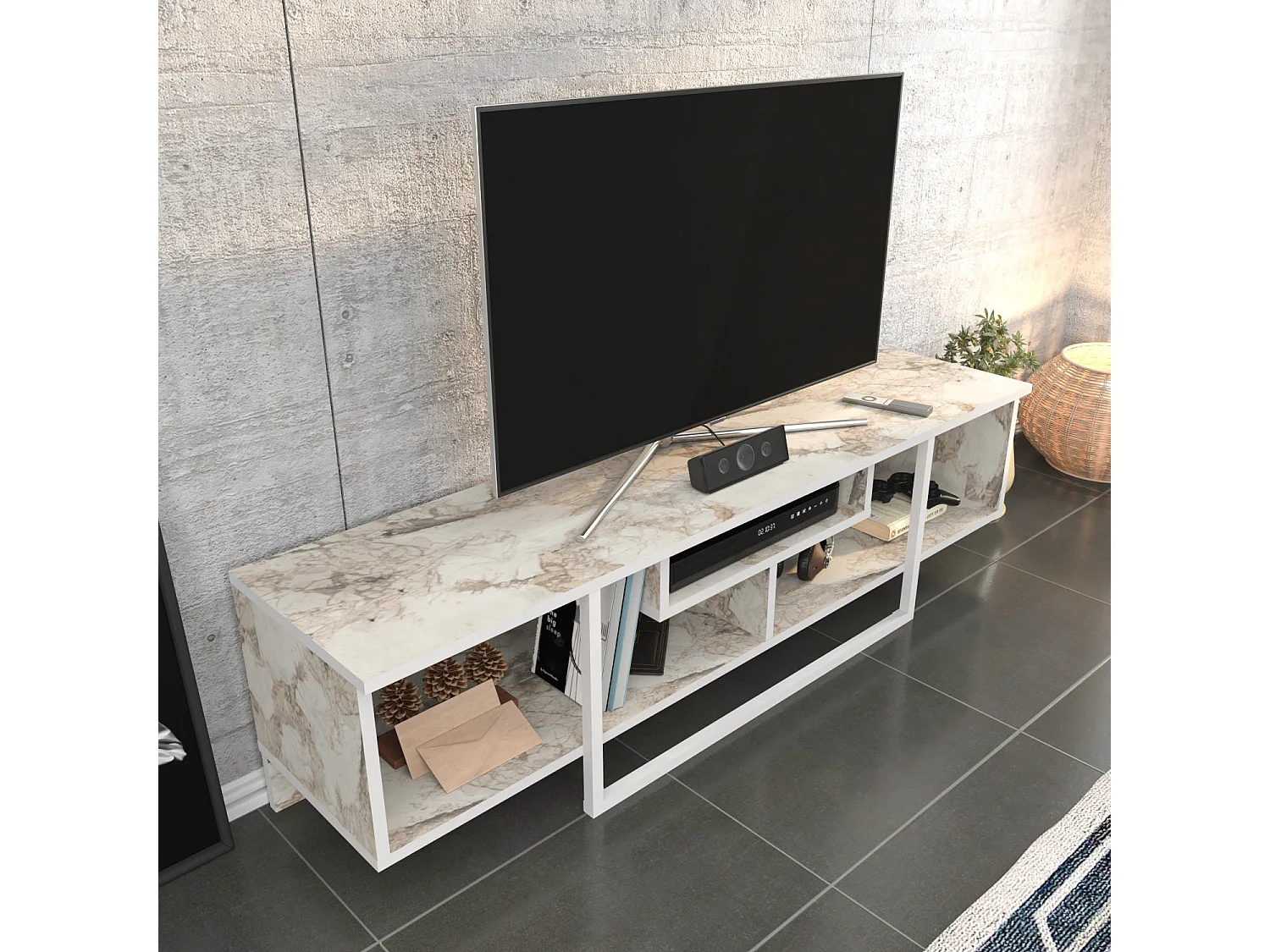 Skandinavischer TV-Ständer, weiß, 150 cm x 35,2 cm x 40 cm | 100 % melaminbeschichtete Spanplatte, 18 mm stark | Stilvoll und funktional für moderne Wohnzimmer