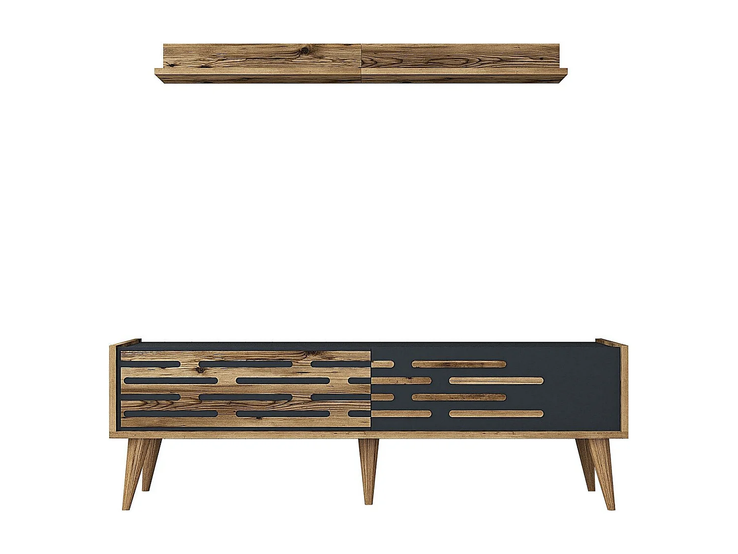 Elegante mueble de TV – 140 cm x 35 cm – Nogal y antracita – Melamina