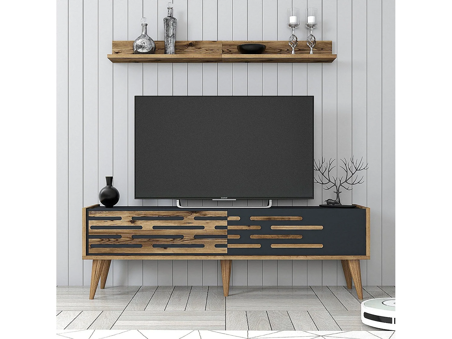 Elegante mueble de TV – 140 cm x 35 cm – Nogal y antracita – Melamina