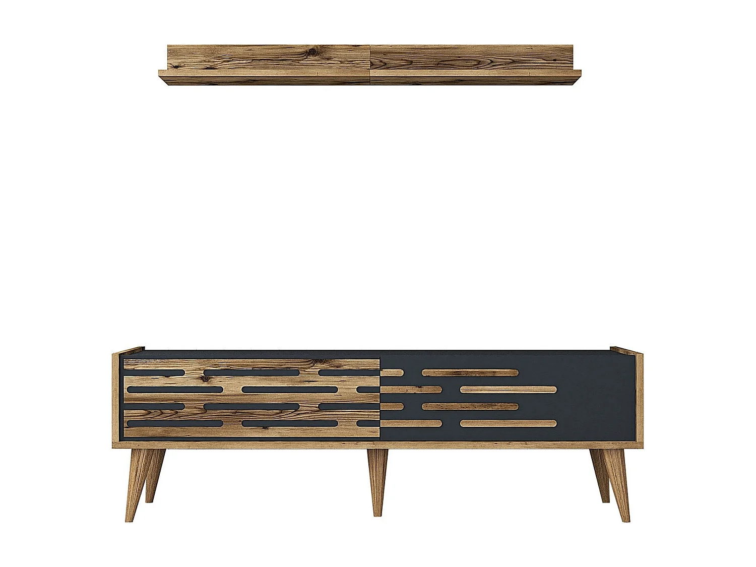 Elegante mueble de TV – 140 cm x 35 cm – Nogal y antracita – Melamina