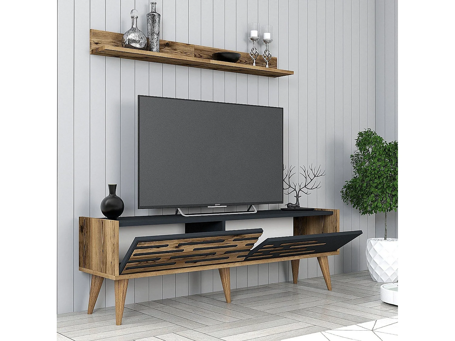 Eleganter TV-Ständer – 140 cm x 35 cm – Walnuss und Anthrazit – Melamin