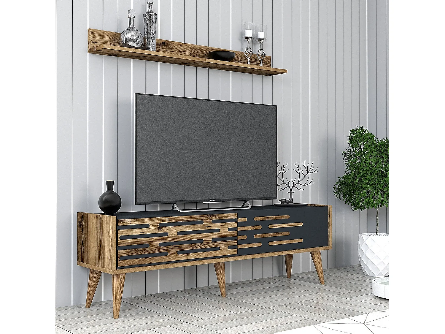 Eleganter TV-Ständer – 140 cm x 35 cm – Walnuss und Anthrazit – Melamin