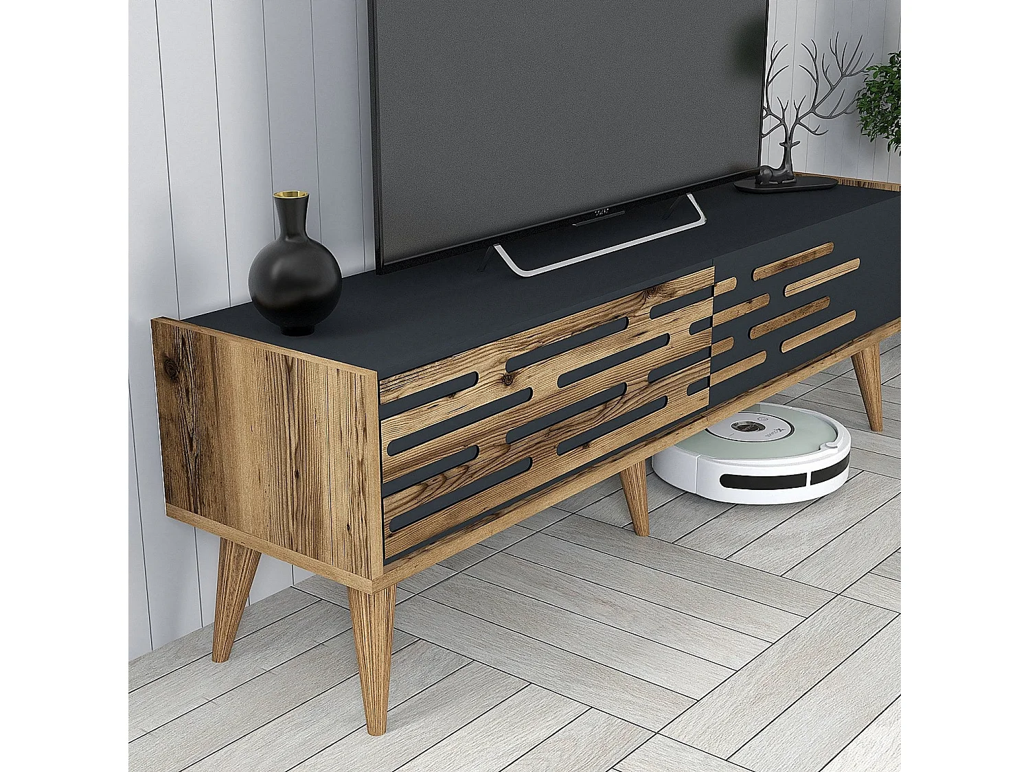 Eleganter TV-Ständer – 140 cm x 35 cm – Walnuss und Anthrazit – Melamin