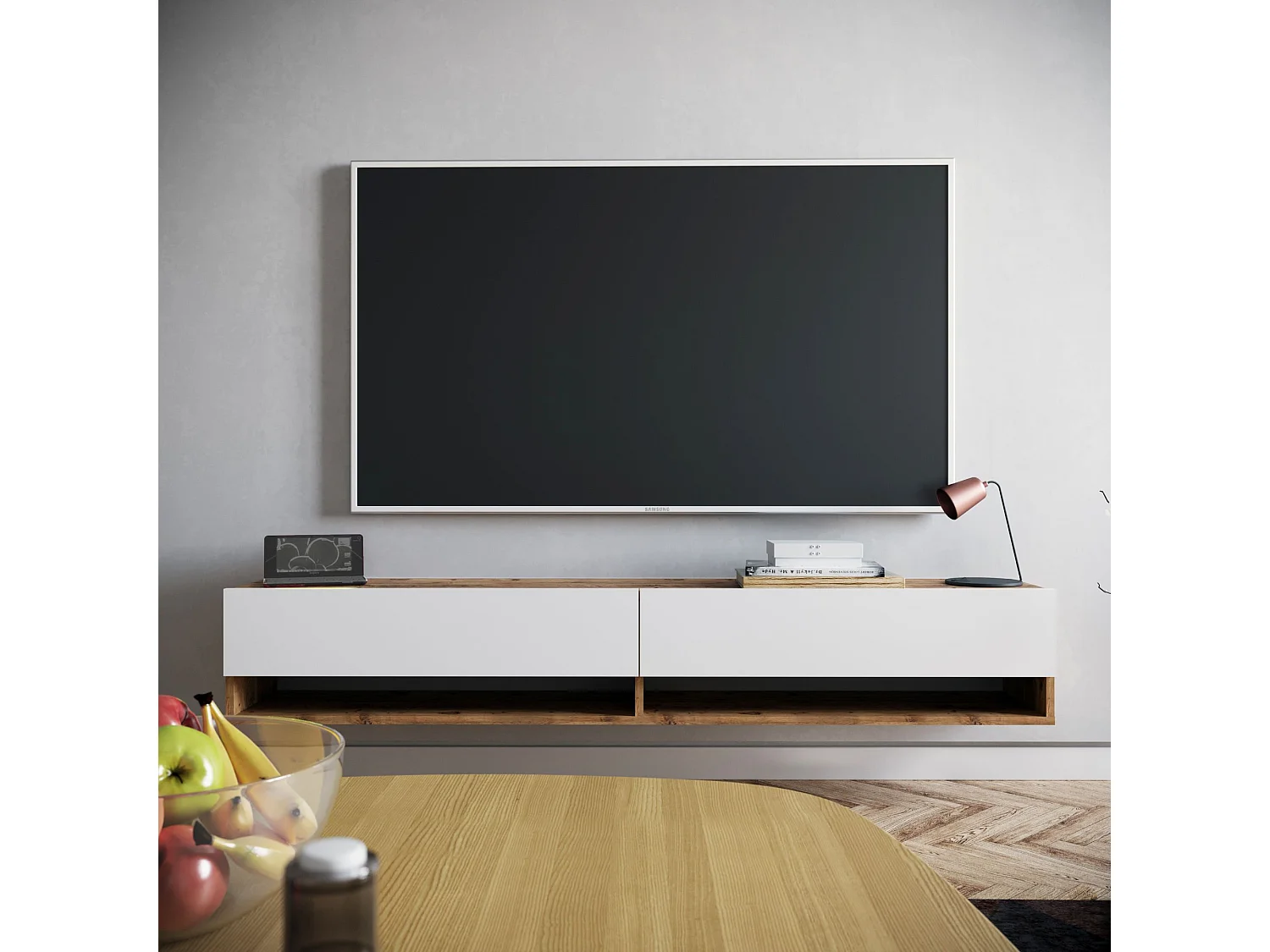 Meuble TV murale 2 étagères et 2 portes battantes Halei 180cm Bois Naturel et Blanc