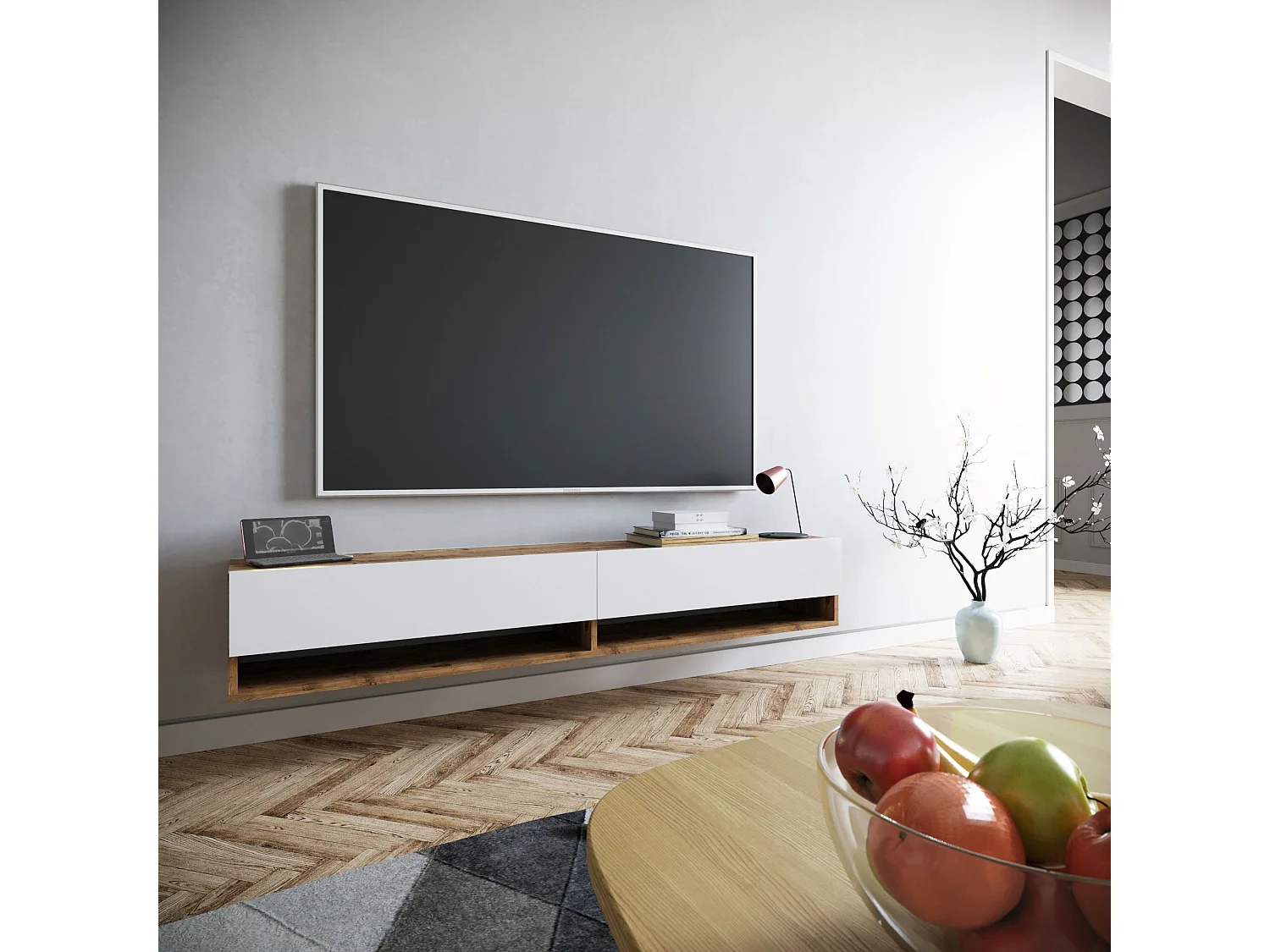 Meuble TV murale 2 étagères et 2 portes battantes Halei 180cm Bois Naturel et Blanc