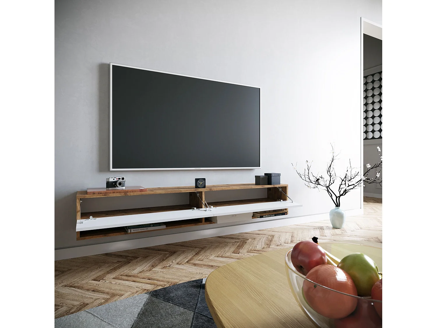 Meuble TV murale 2 étagères et 2 portes battantes Halei 180cm Bois Naturel et Blanc