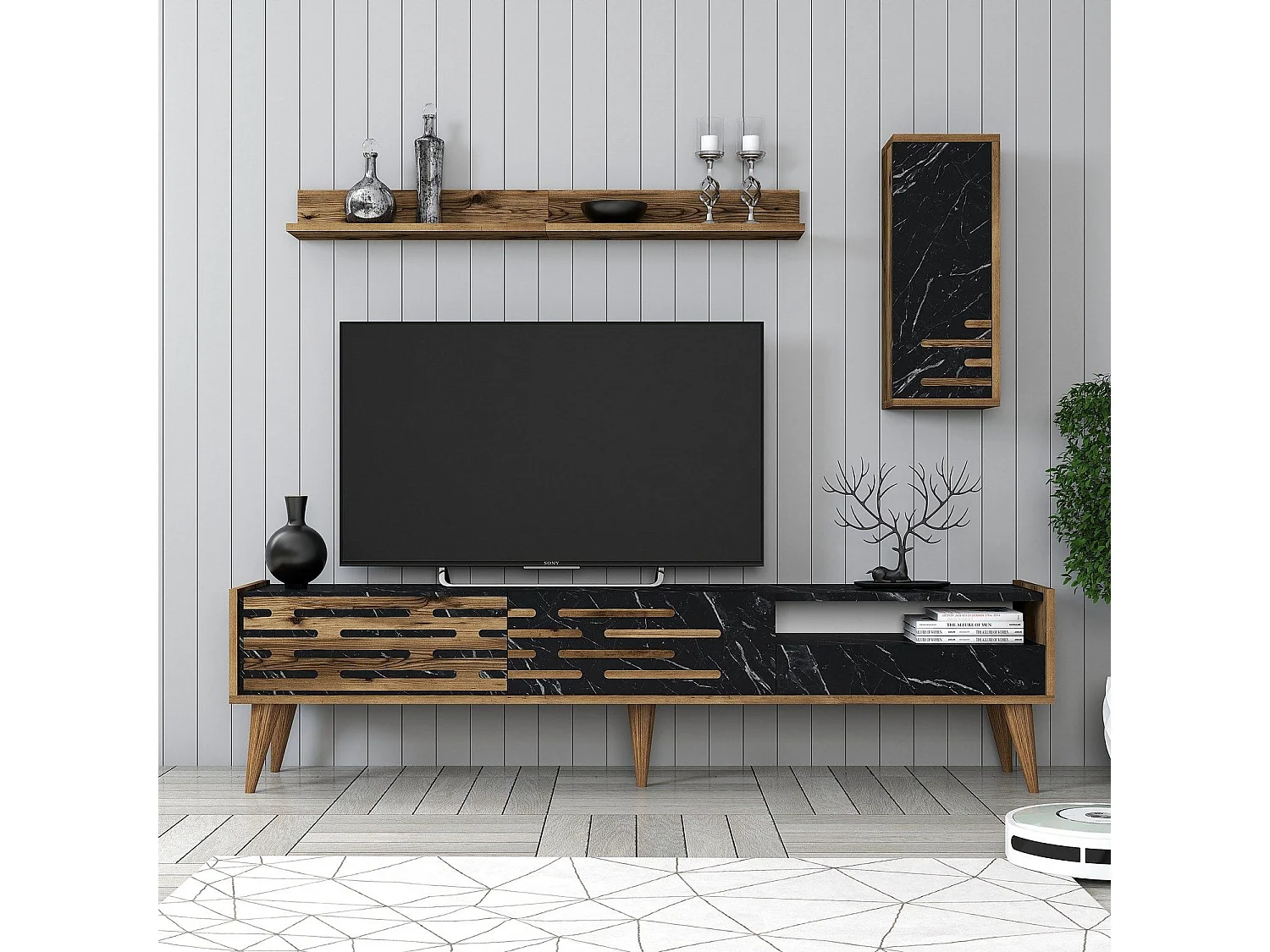Estante para TV – 180x35x45 cm – Nogueira, Preto e Mármore – MDF revestido com melamina