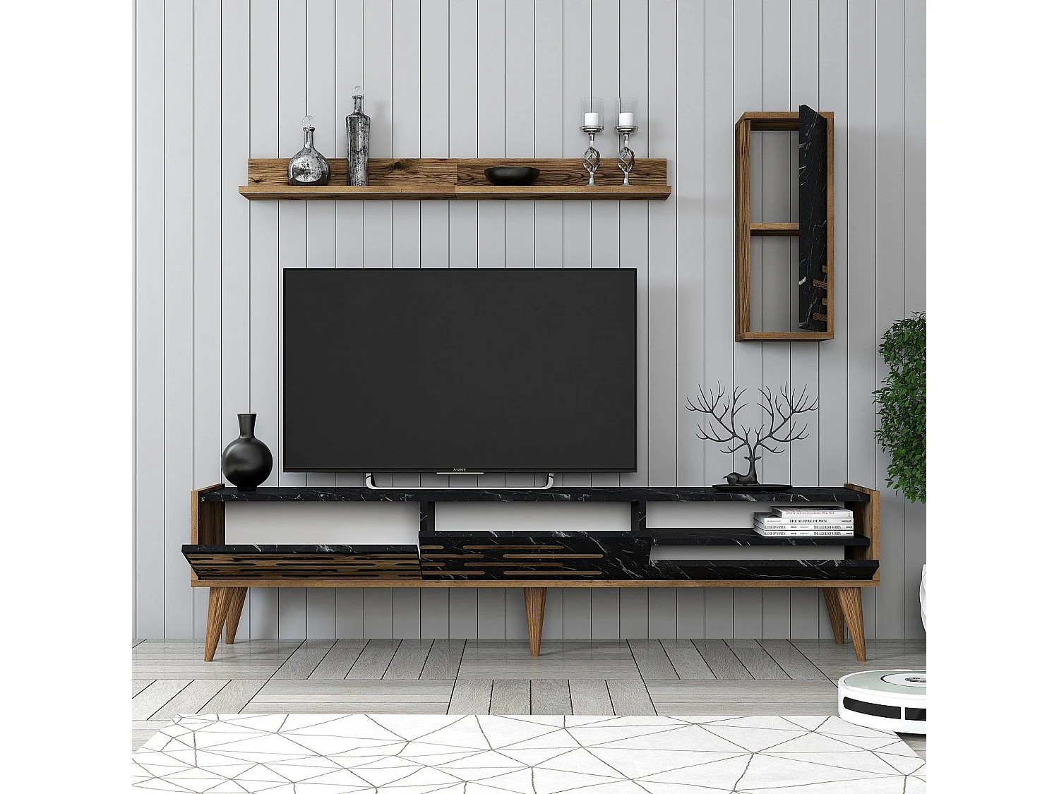 Estante para TV – 180x35x45 cm – Nogueira, Preto e Mármore – MDF revestido com melamina