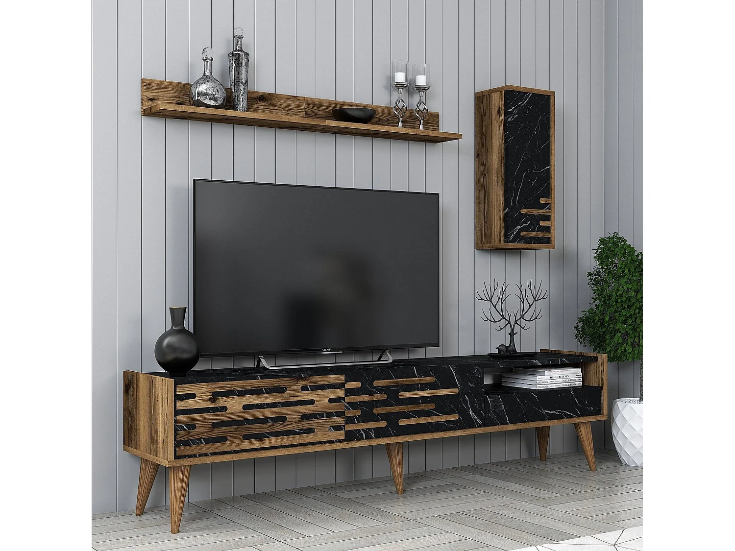 Estante para TV – 180x35x45 cm – Nogueira, Preto e Mármore – MDF revestido com melamina