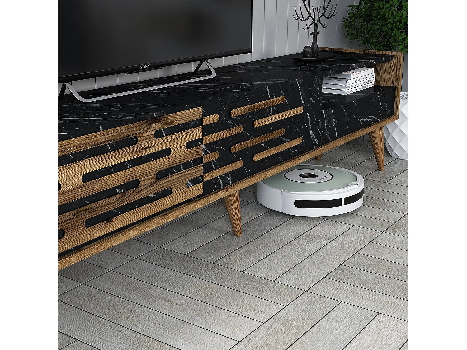 Estante para TV – 180x35x45 cm – Nogueira, Preto e Mármore – MDF revestido com melamina