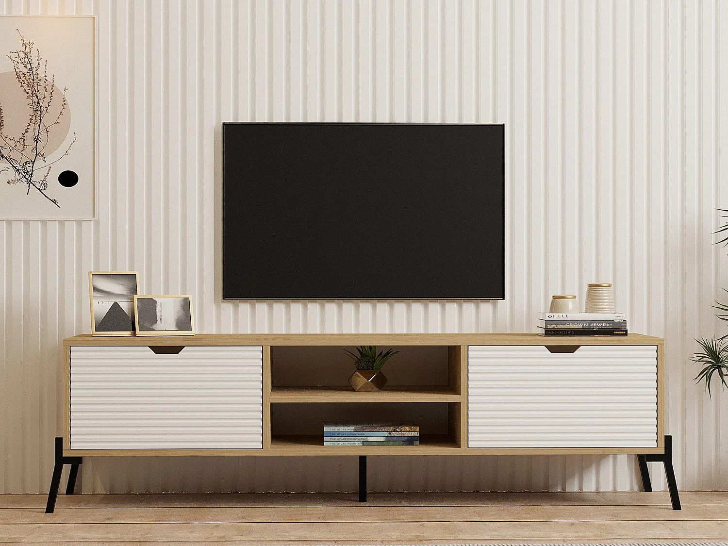 Mueble de TV – 160 cm x 41 cm x 40 cm – Roble zafiro y blanco – MDF y metal