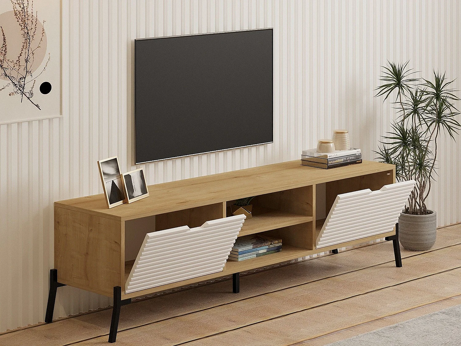 TV-Ständer – 160 cm x 41 cm x 40 cm – Saphireiche und Weiß – MDF und Metall