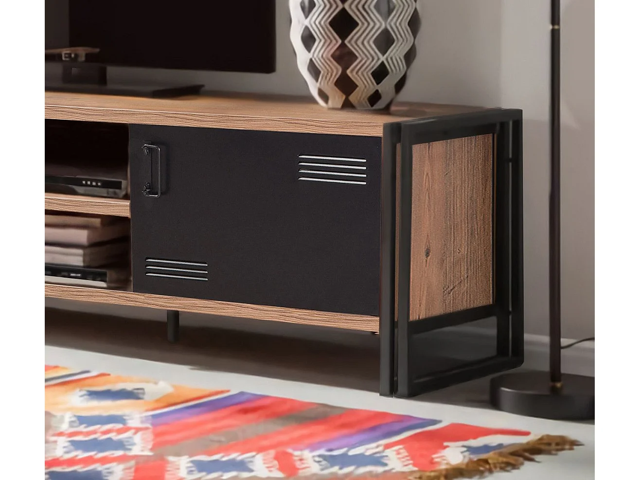 Meuble TV style industriel Senlid L180cm Métal Noir et Bois clair