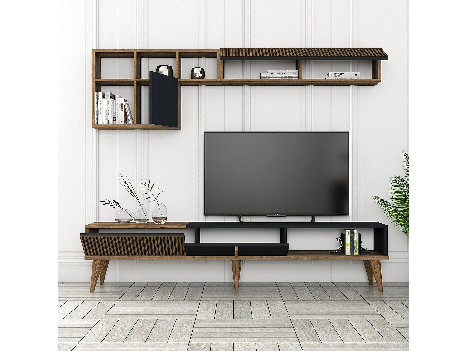 Mueble de TV – 180 cm de ancho – Nogal y Antracita – Tablero aglomerado revestido de melamina