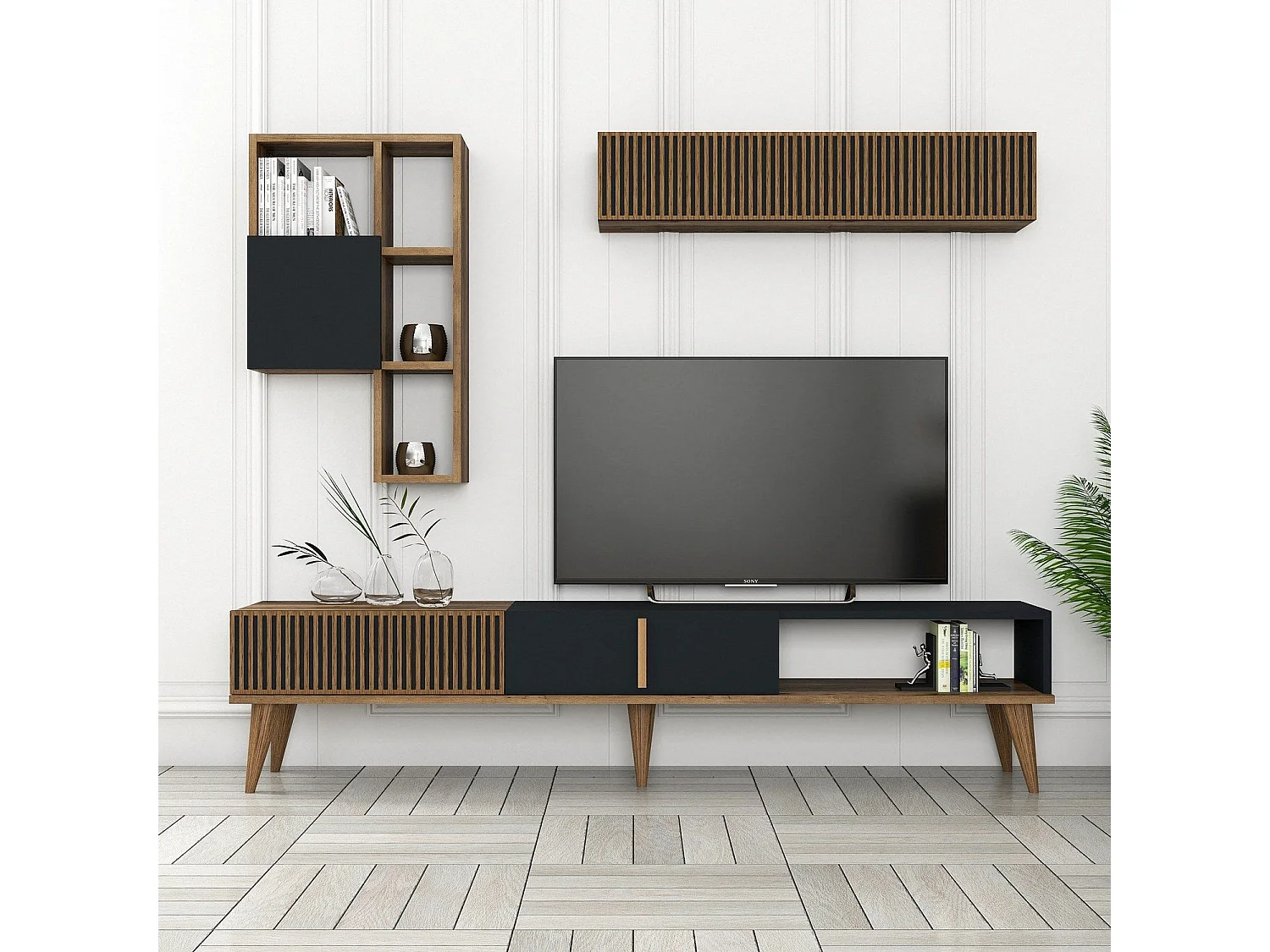 Mueble de TV – 180 cm de ancho – Nogal y Antracita – Tablero aglomerado revestido de melamina