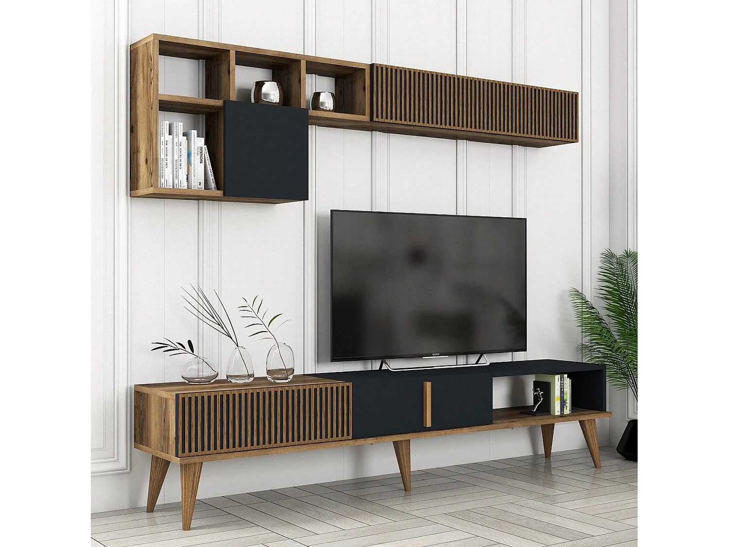 Mueble de TV – 180 cm de ancho – Nogal y Antracita – Tablero aglomerado revestido de melamina