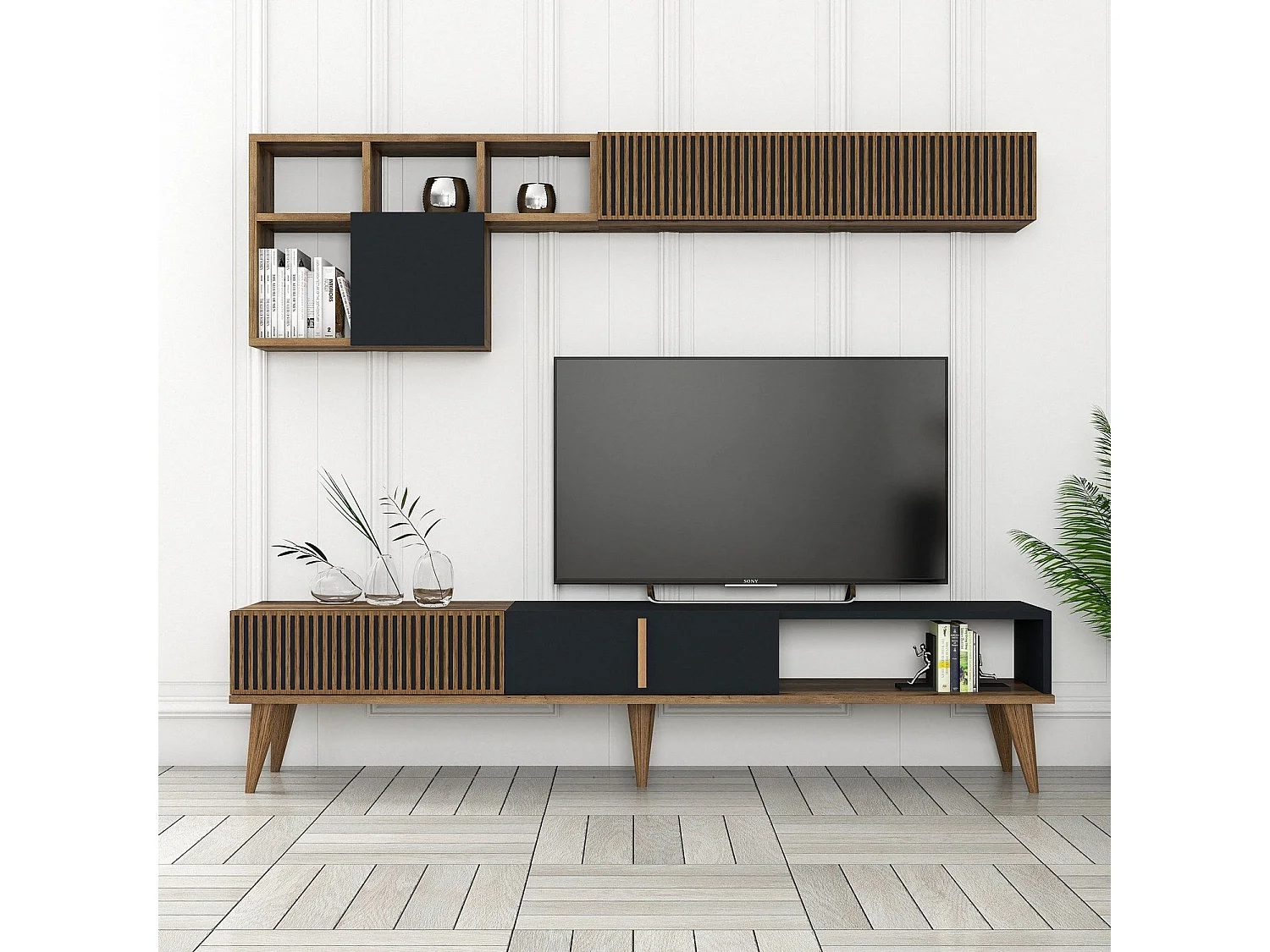 Mueble de TV – 180 cm de ancho – Nogal y Antracita – Tablero aglomerado revestido de melamina