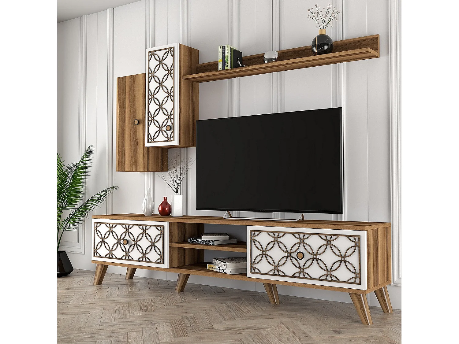 Mueble de TV moderno – 180 x 44 x 35 cm – Nogal y blanco – Melamina