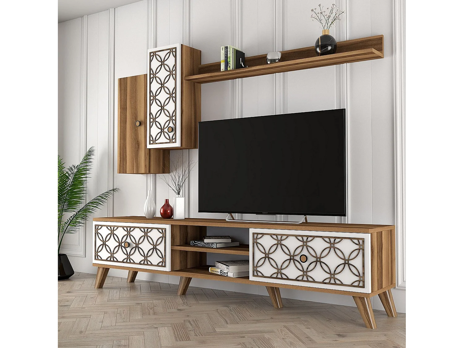 Moderner TV-Ständer – 180 x 44 x 35 cm – Walnuss und Weiß – Melamin