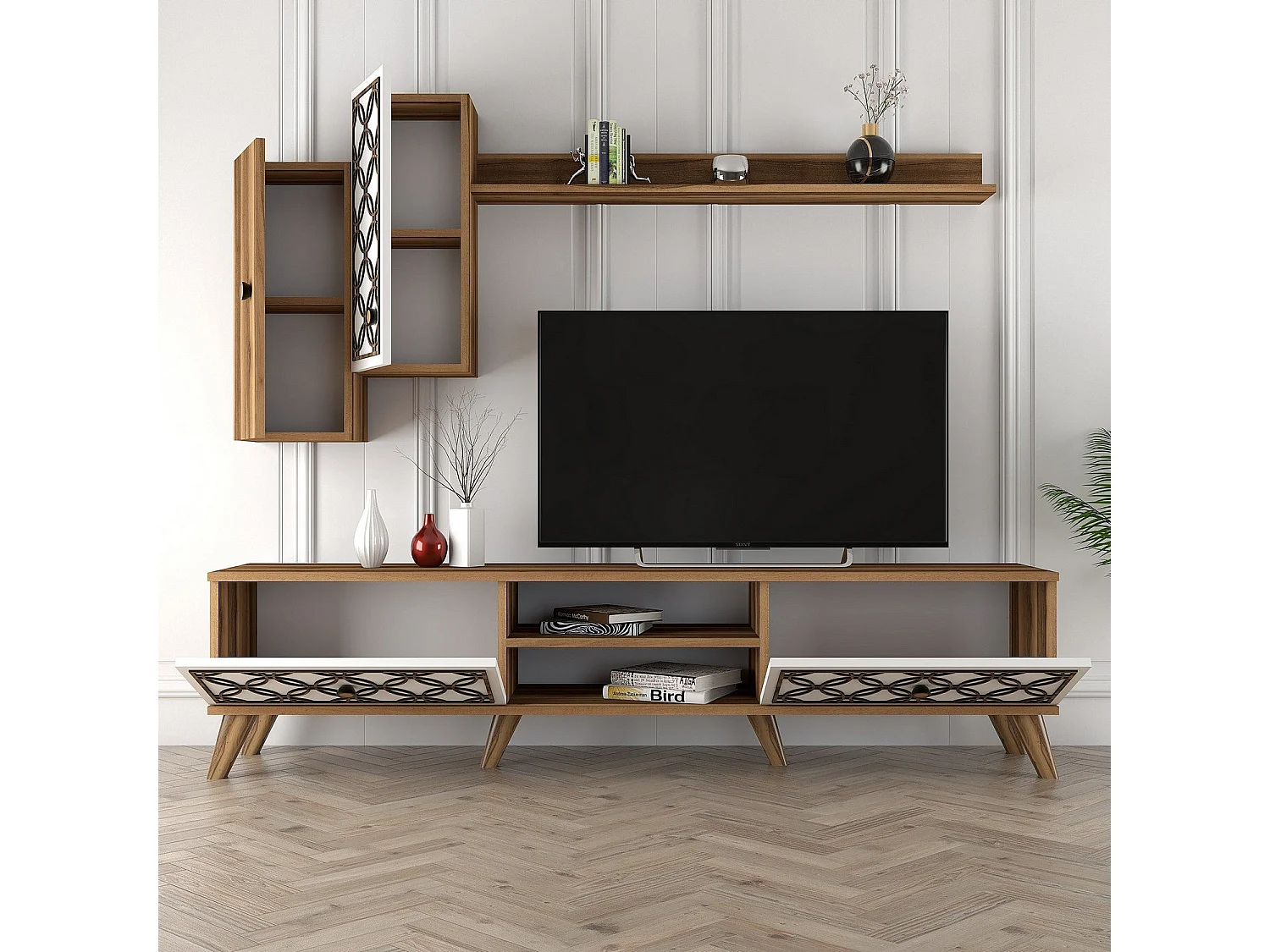 Moderner TV-Ständer – 180 x 44 x 35 cm – Walnuss und Weiß – Melamin