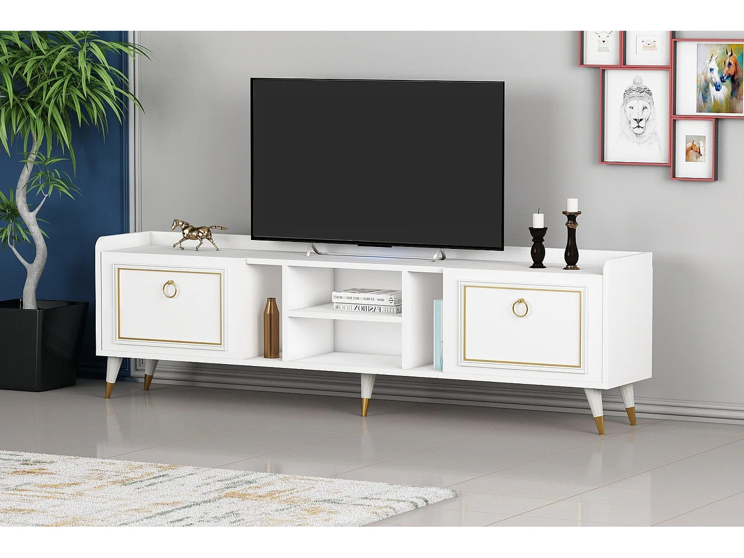 Móvel de TV – 180 x 55 x 35 cm – Branco e Dourado – Melamina