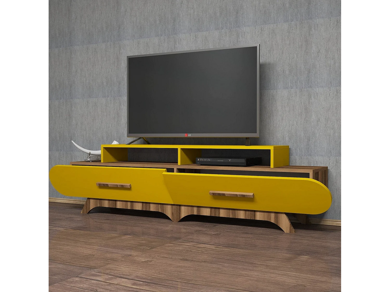 Mueble de TV – 205 x 50 x 36,8 cm – amarillo y nogal – tablero de partículas