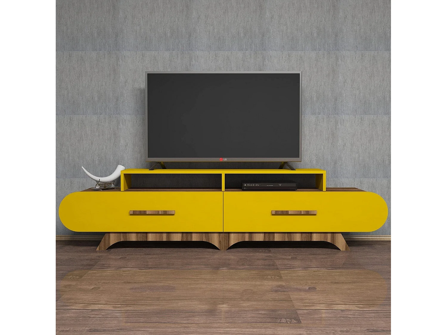 Mueble de TV – 205 x 50 x 36,8 cm – amarillo y nogal – tablero de partículas