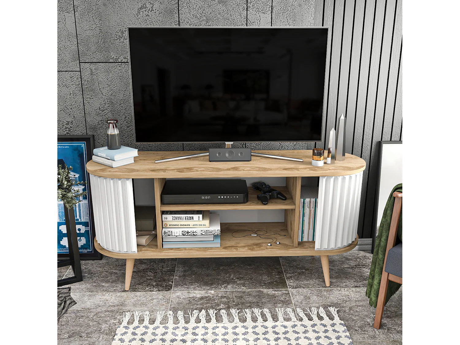 Moderne tv-meubel, oud eiken en wit, 140 x 43 x 64 cm | 100% melamine gecoate spaanplaat, 18 mm dik | Elegant en functioneel voor de woonkamer