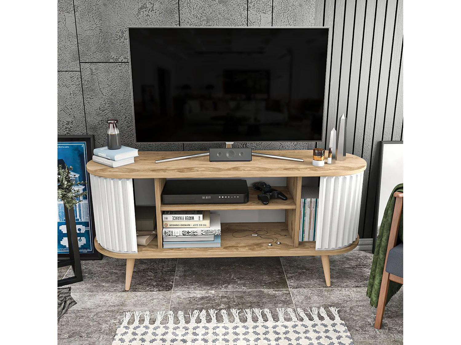 Moderner TV-Ständer, Eiche und Weiß, 140 x 43 x 64 cm | 100 % melaminbeschichtete Spanplatte, 18 mm stark | Elegant und funktional für das Wohnzimmer