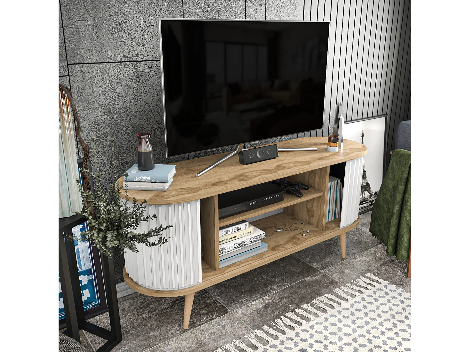 Moderner TV-Ständer, Eiche und Weiß, 140 x 43 x 64 cm | 100 % melaminbeschichtete Spanplatte, 18 mm stark | Elegant und funktional für das Wohnzimmer