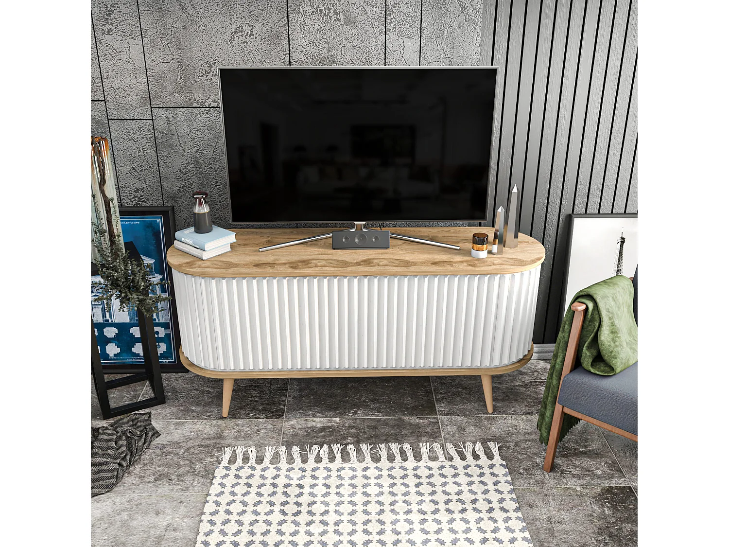 Moderner TV-Ständer, Eiche und Weiß, 140 x 43 x 64 cm | 100 % melaminbeschichtete Spanplatte, 18 mm stark | Elegant und funktional für das Wohnzimmer