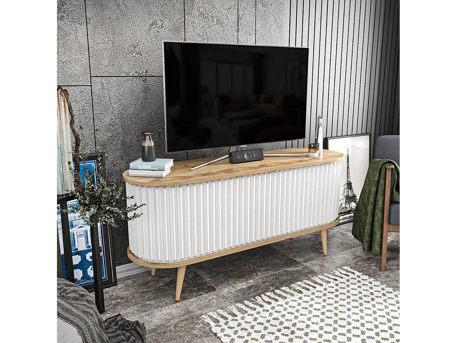 Moderner TV-Ständer, Eiche und Weiß, 140 x 43 x 64 cm | 100 % melaminbeschichtete Spanplatte, 18 mm stark | Elegant und funktional für das Wohnzimmer