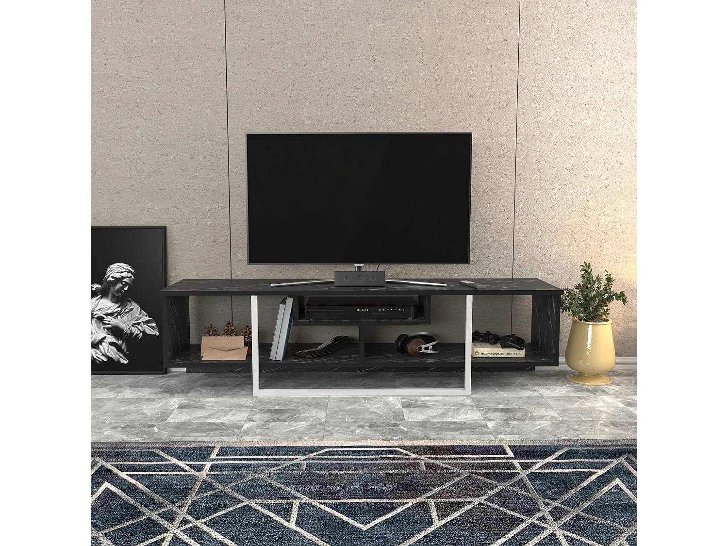 Meuble TV Nikolai 150cm Blanc et Noir Effet marbre
