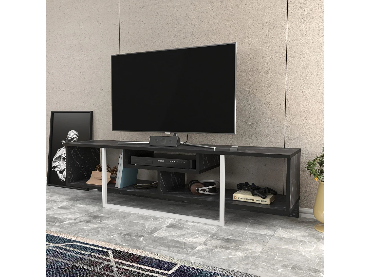 Meuble TV Nikolai 150cm Blanc et Noir Effet marbre