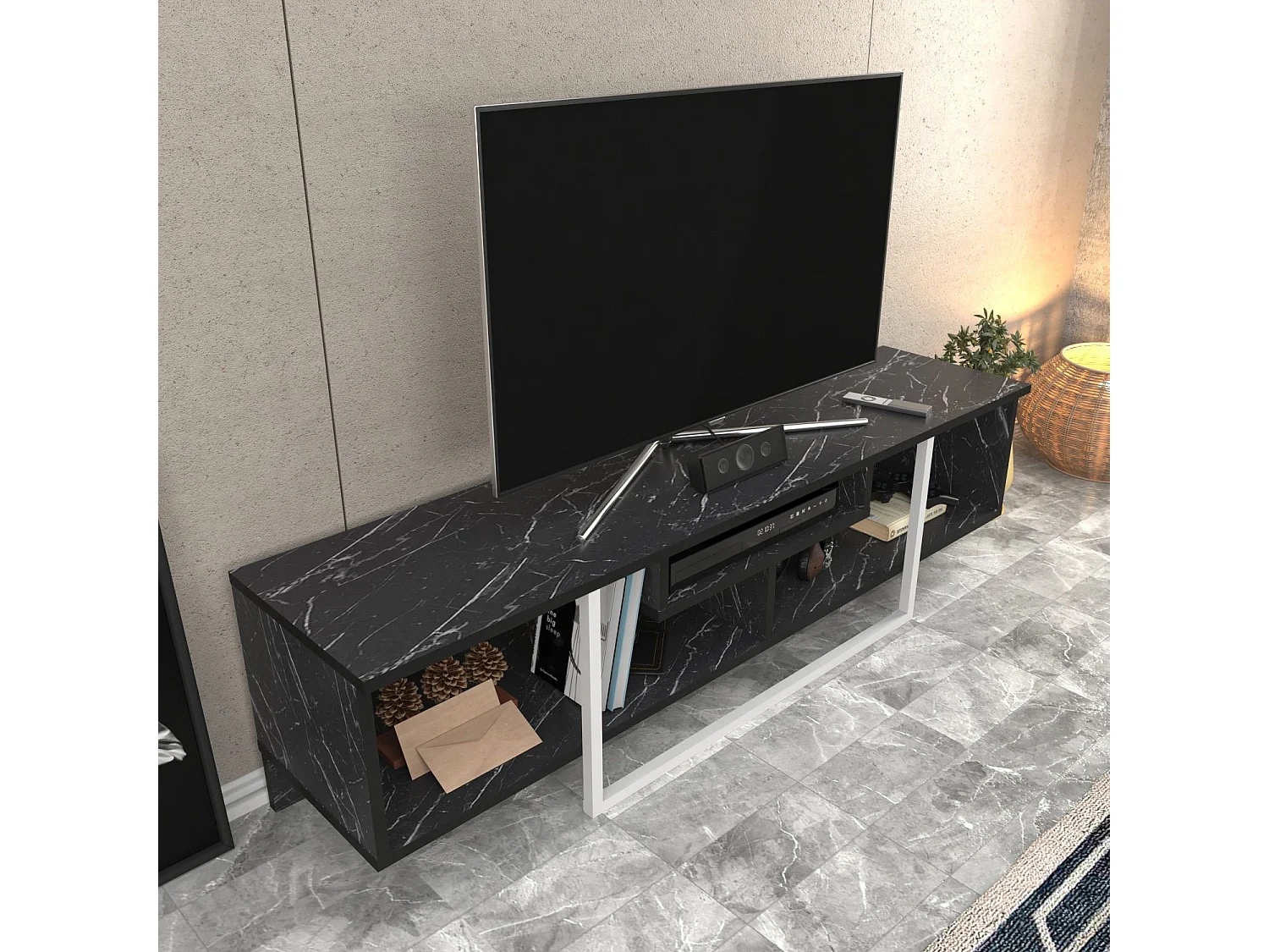 Meuble TV Nikolai 150cm Blanc et Noir Effet marbre