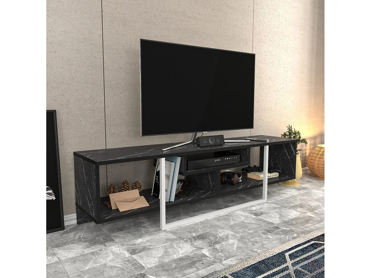 Meuble TV Nikolai 150cm Blanc et Noir Effet marbre