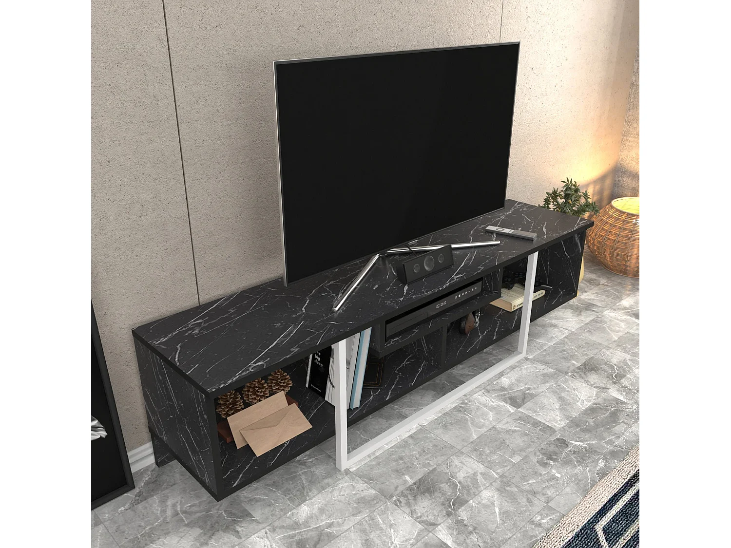 Meuble TV Nikolai 150cm Blanc et Noir Effet marbre