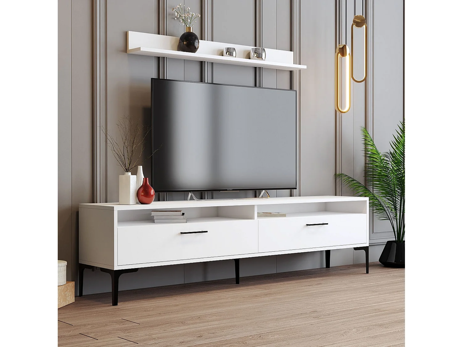 Mueble de TV moderno – 180 cm de ancho – blanco – melamina