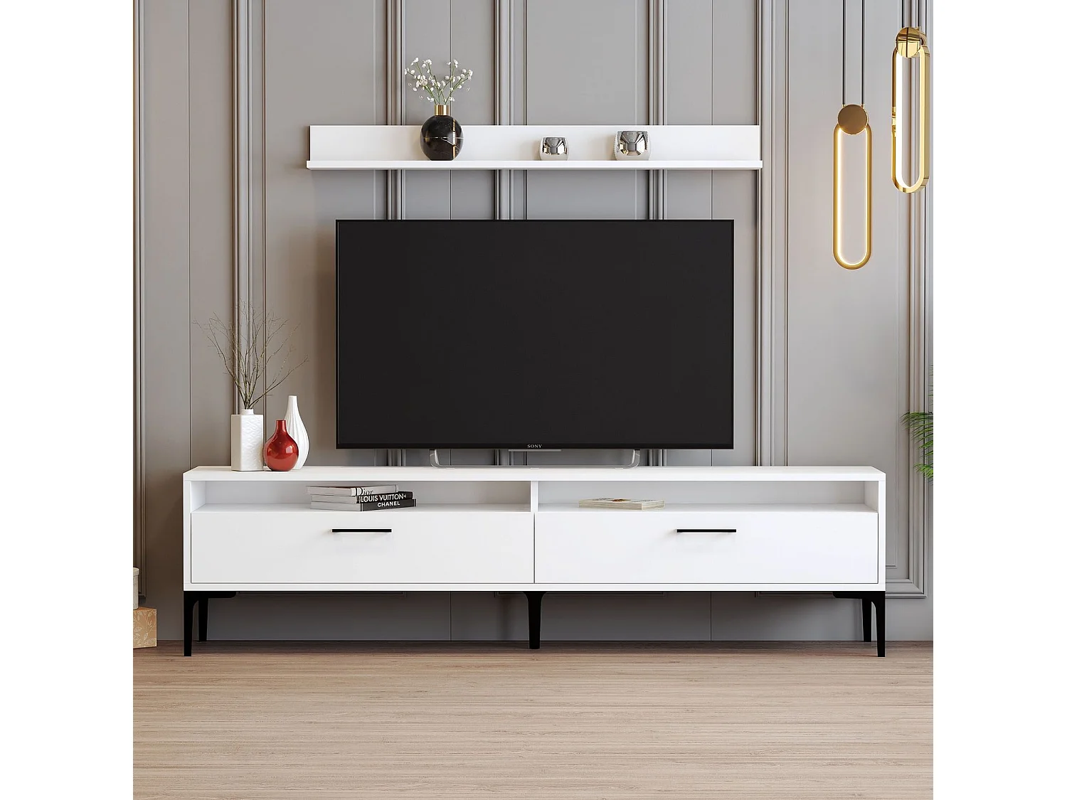 Estante para TV moderna – 180 cm de largura – branca – melamina