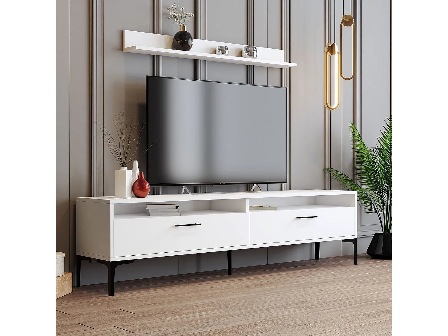 Estante para TV moderna – 180 cm de largura – branca – melamina