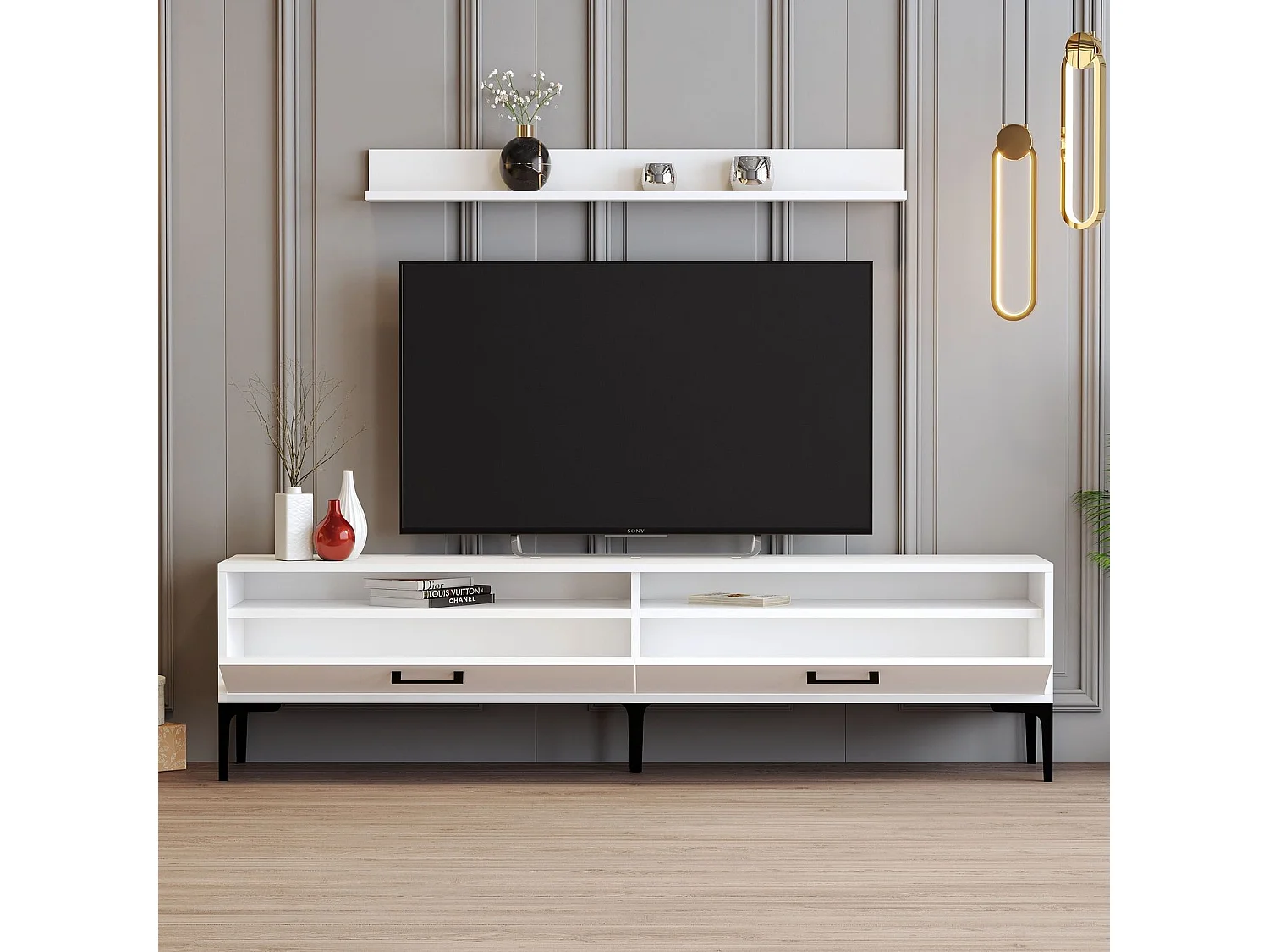 Estante para TV moderna – 180 cm de largura – branca – melamina