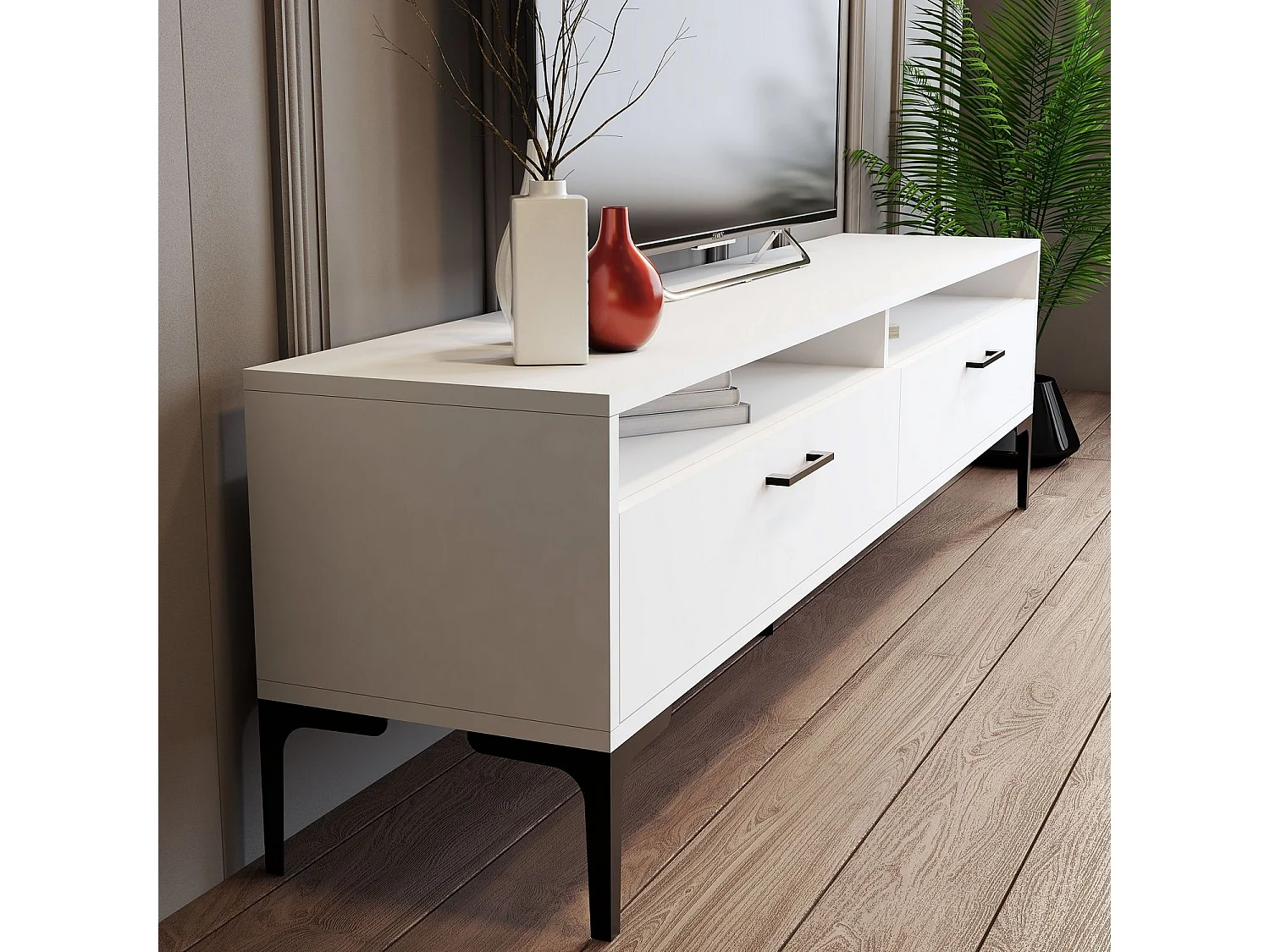 Estante para TV moderna – 180 cm de largura – branca – melamina