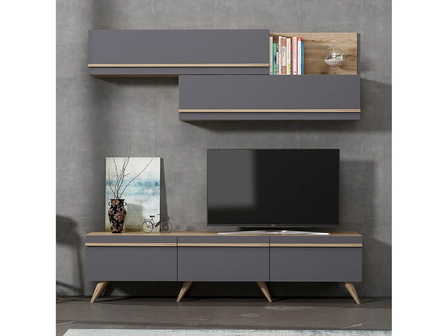 Mueble de TV – 180 cm x 42 cm x 35 cm – Antracita y Nogal – Tablero de partículas recubierto de melamina