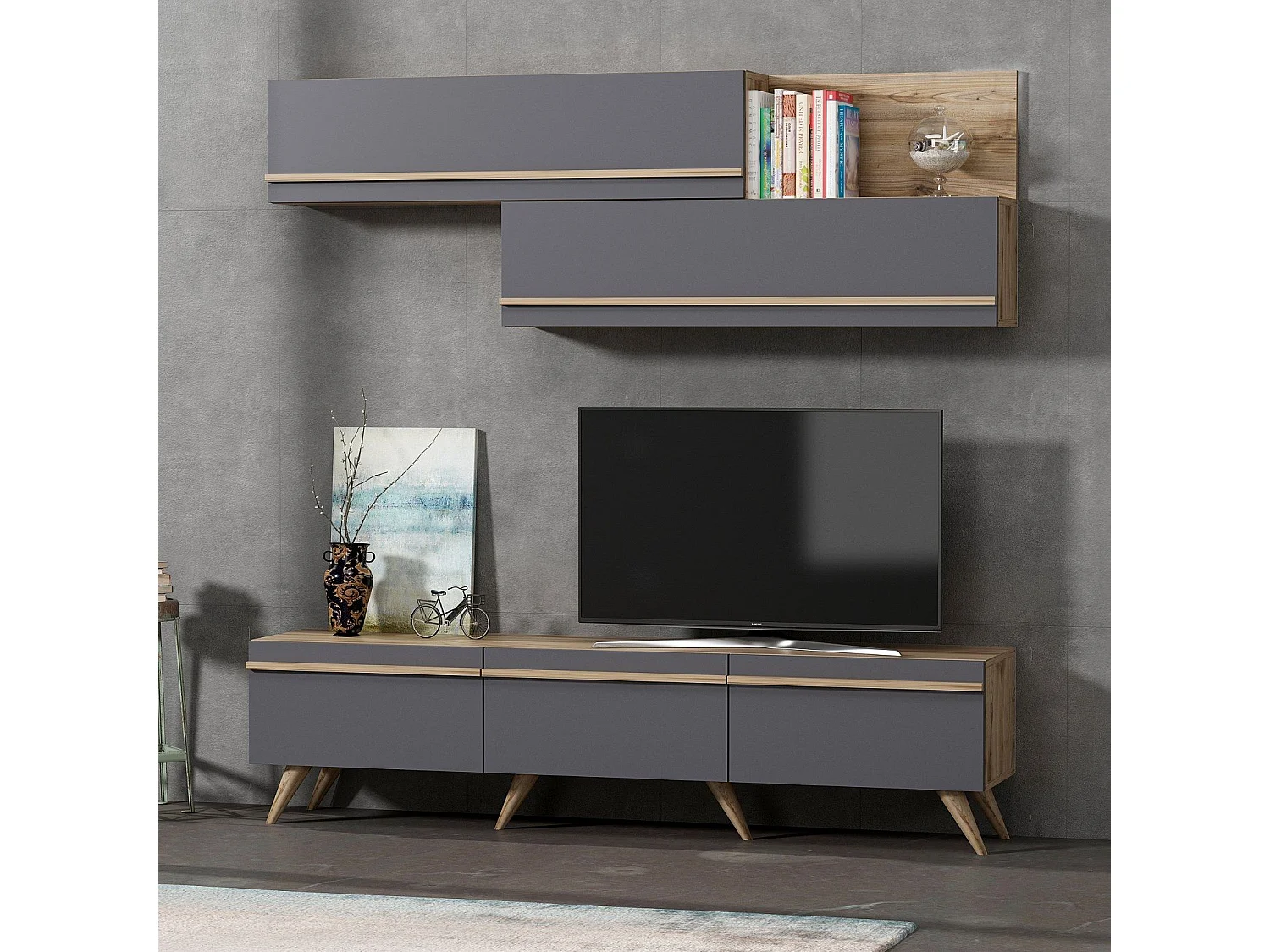 TV-Ständer – 180 cm x 42 cm x 35 cm – Anthrazit und Walnuss – Melaminbeschichtete Spanplatte