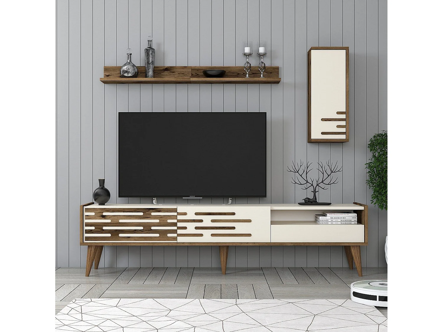 Móvel de TV – 180 cm – Nogueira e creme – 100% painéis de partículas revestidos a melamina