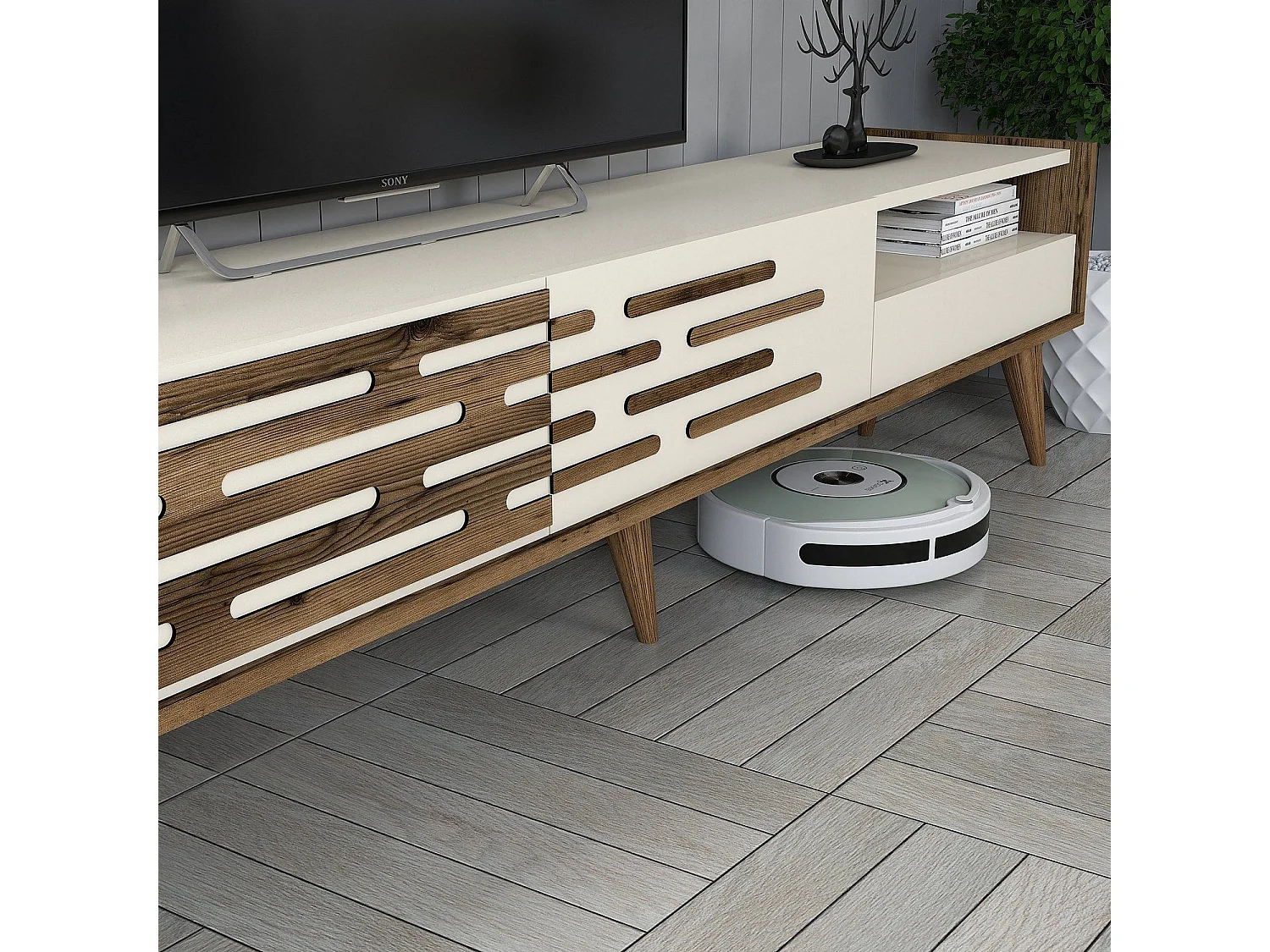 Móvel de TV – 180 cm – Nogueira e creme – 100% painéis de partículas revestidos a melamina