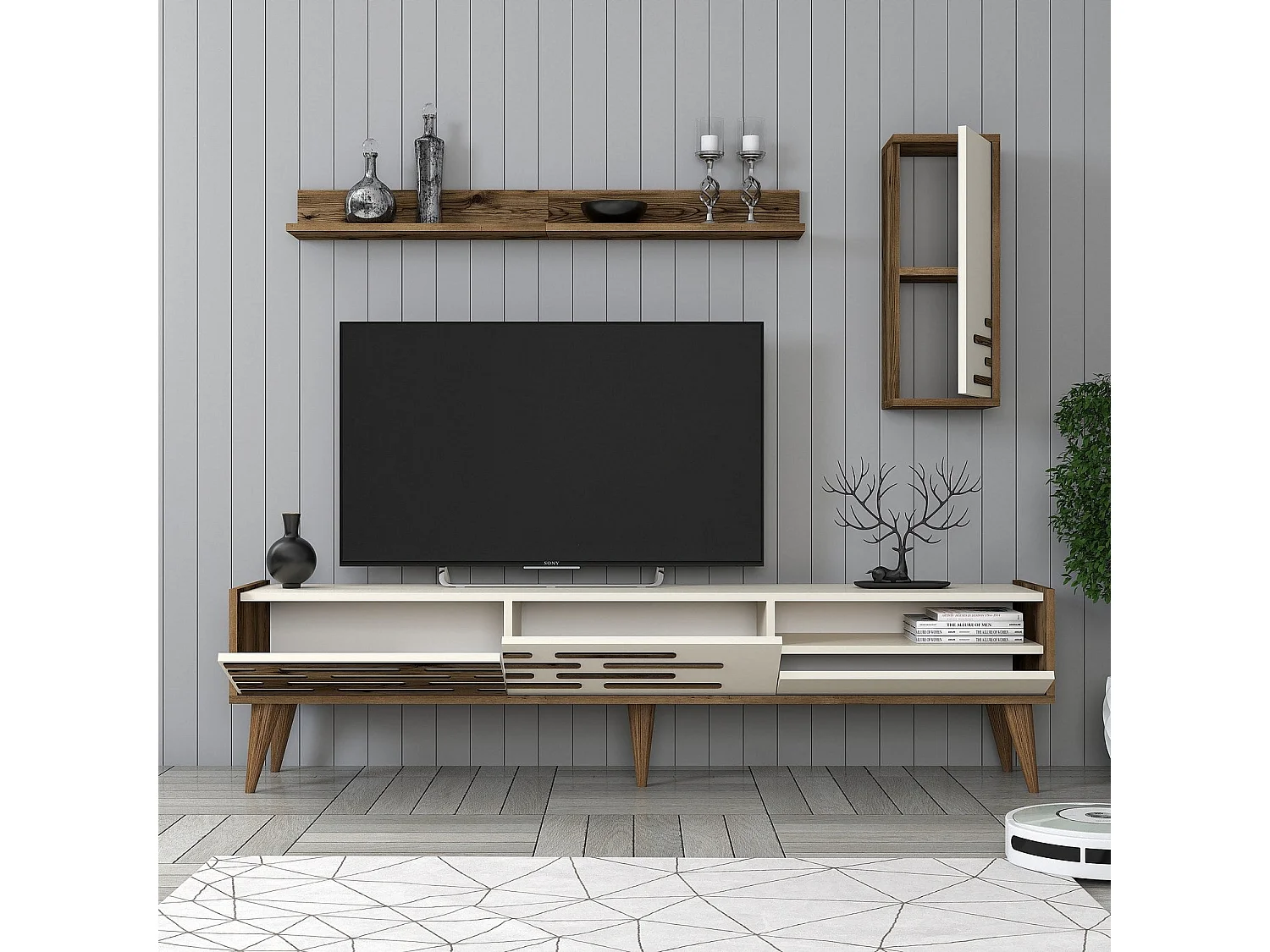 Móvel de TV – 180 cm – Nogueira e creme – 100% painéis de partículas revestidos a melamina