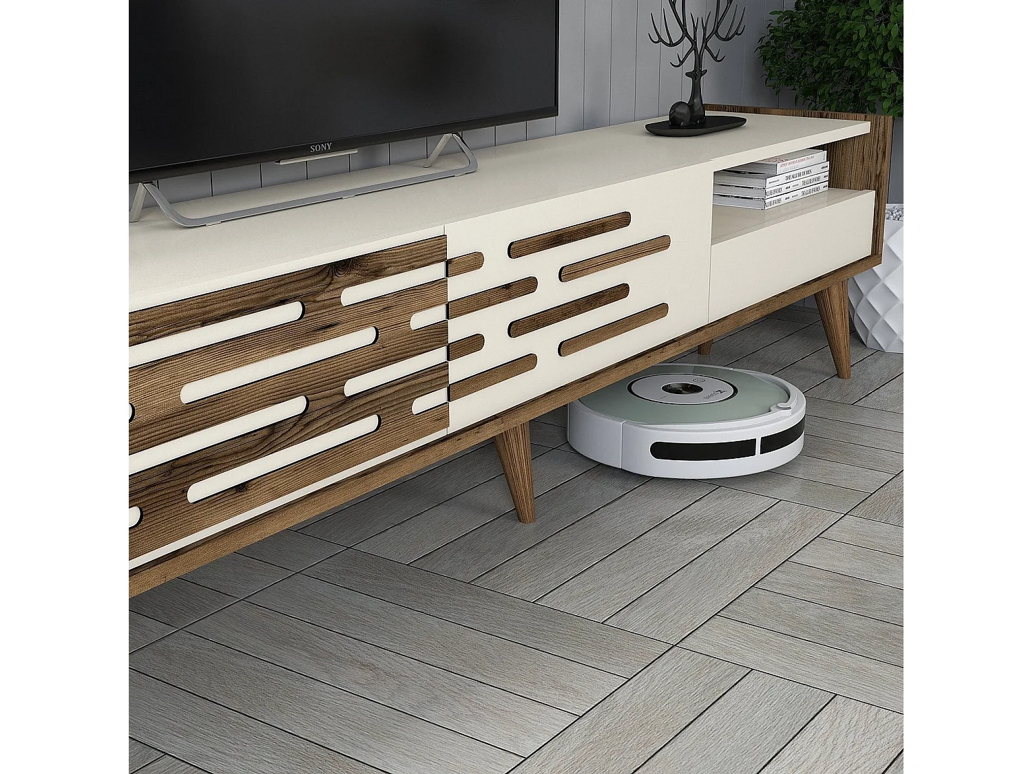 Móvel de TV – 180 cm – Nogueira e creme – 100% painéis de partículas revestidos a melamina